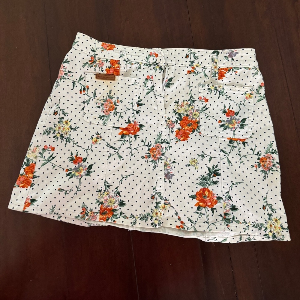 Dolce & Gabbana White Floral Mini Skirt with Navy Polka Dots